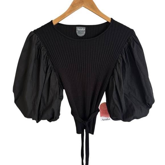 NWT Arula women’s XL “X” Black Puff Sleeve Crop Top Tie Back Stretchy Boho New - Picture 1 of 7